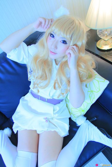 all gravure: Light-Haired japanese doll Saku wears white stockings while modelling in a dress