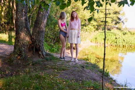 club sweethearts: Lesbian stunners Alice Murkovski and Mia Murkovski get naked before skinny dipping