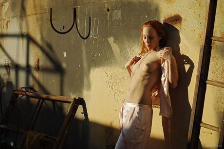 erotic beauty: Redhead american covergirl Sally A flaunts her small tits and exhibits her natural form