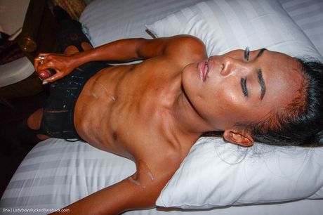 ladyboy gold: Shemale Jina 2 gets her cock sucked and ass fucked in a POV bang