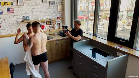 lady lyne: Brunet belgian model Lady Lyne has sex with a couple of guys in a bathroom