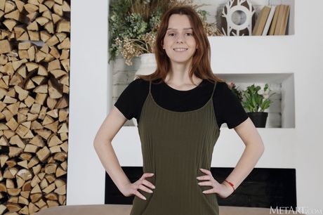 met art: Angelic brunet beauty Amber Plume sits demurely with her knees together