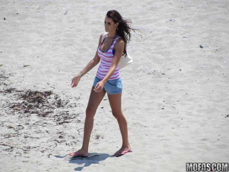 mofos network: Brunette american girl Mandy Haze reveals her amazing juggs and displays her bare flesh on the beach