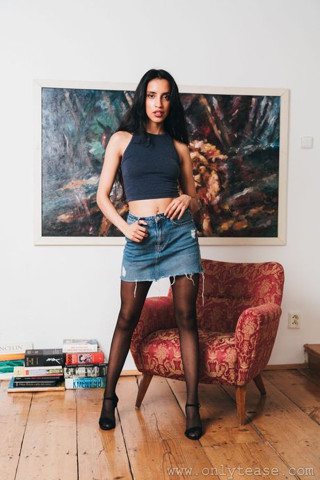 only tease: Dark haired teen Catalaya gets naked in stockings and heels