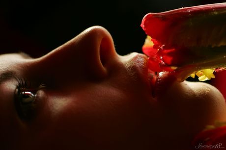 stunning 18: Stunning russian blonde teen Liala gets naked in a hat and a red dress