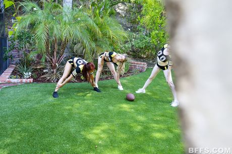 bffs: Sexy beauties with natural tits enjoy a hot foursome in the backyard