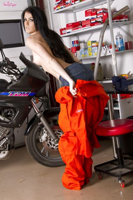 twistys: Devastating british doll Stacey Lacey strips and models in the raw state in front of a motorcycle